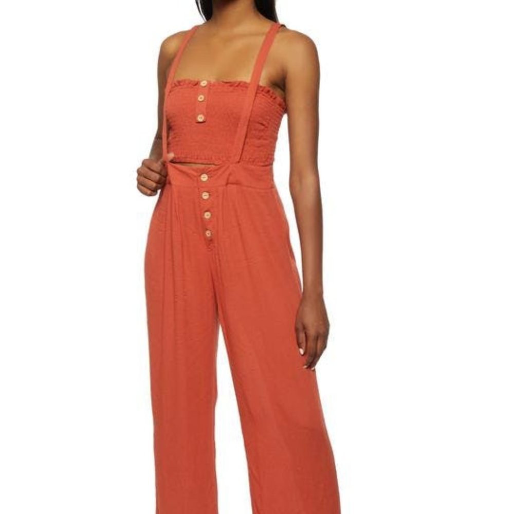 Button Detail Cropped Tube Top and Suspender Pants Set